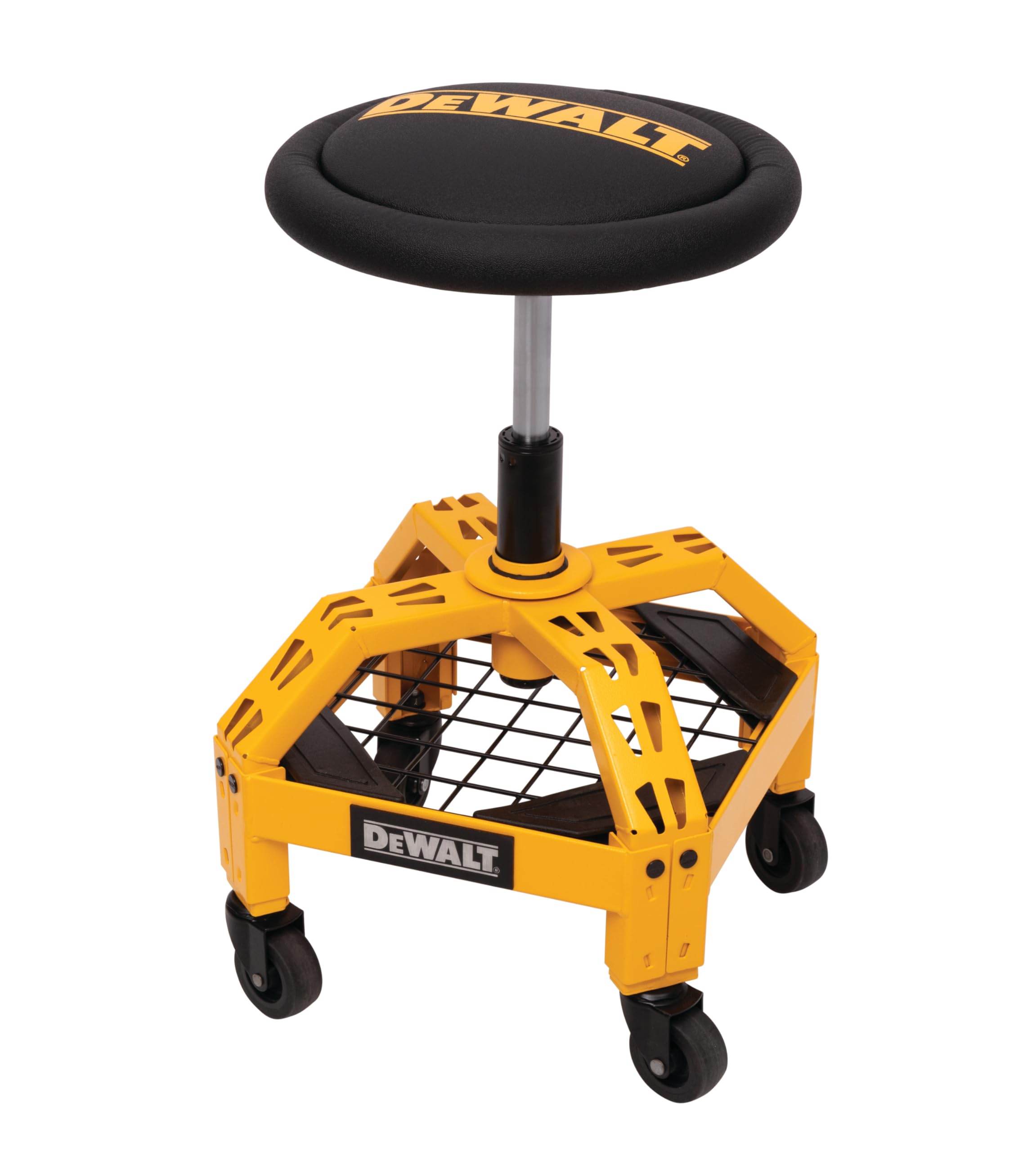 DEWALT heavy-duty stool with 360-degree swivel for versatile workshop seating.