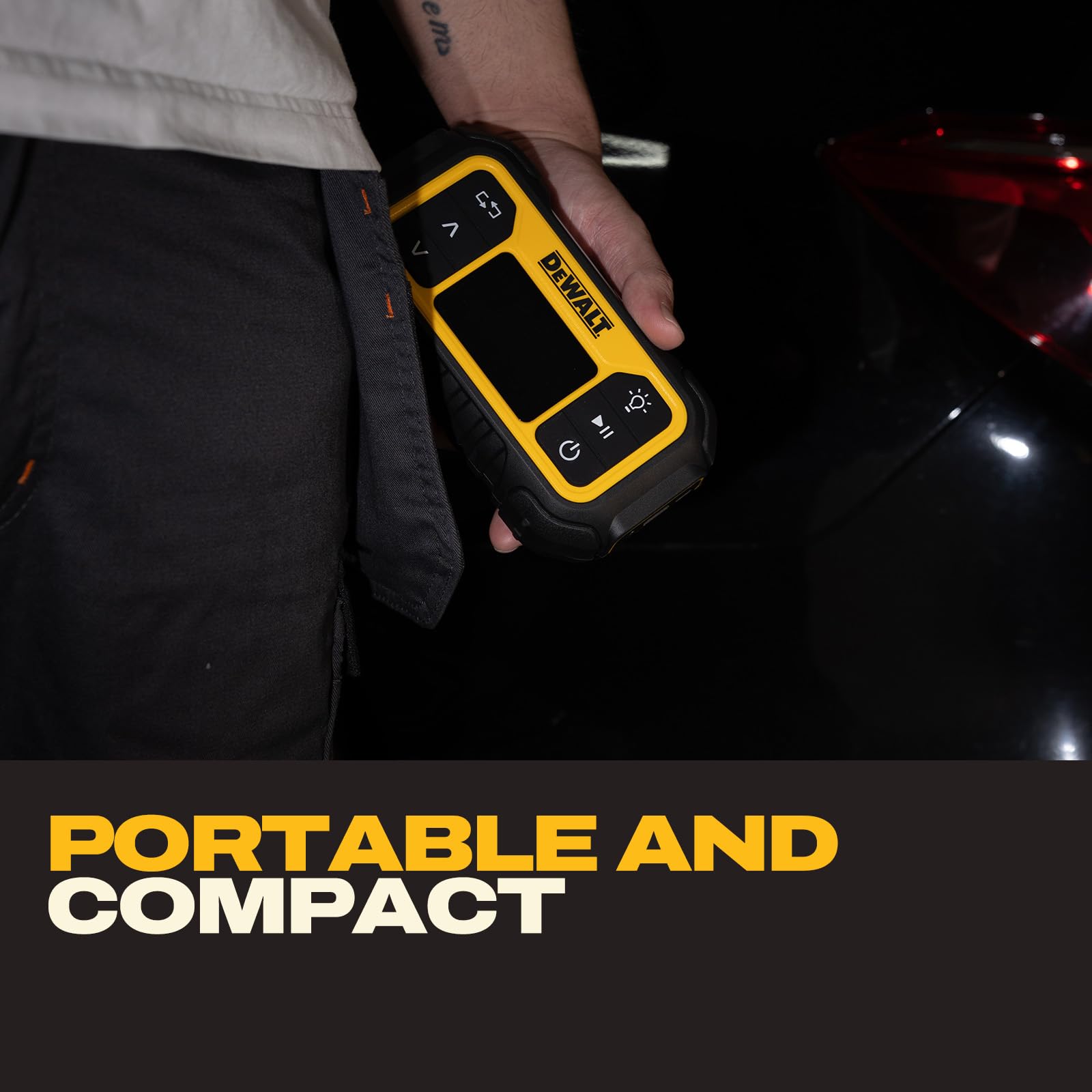 DEWALT size comparison in hand showing compact, travel-friendly benefit