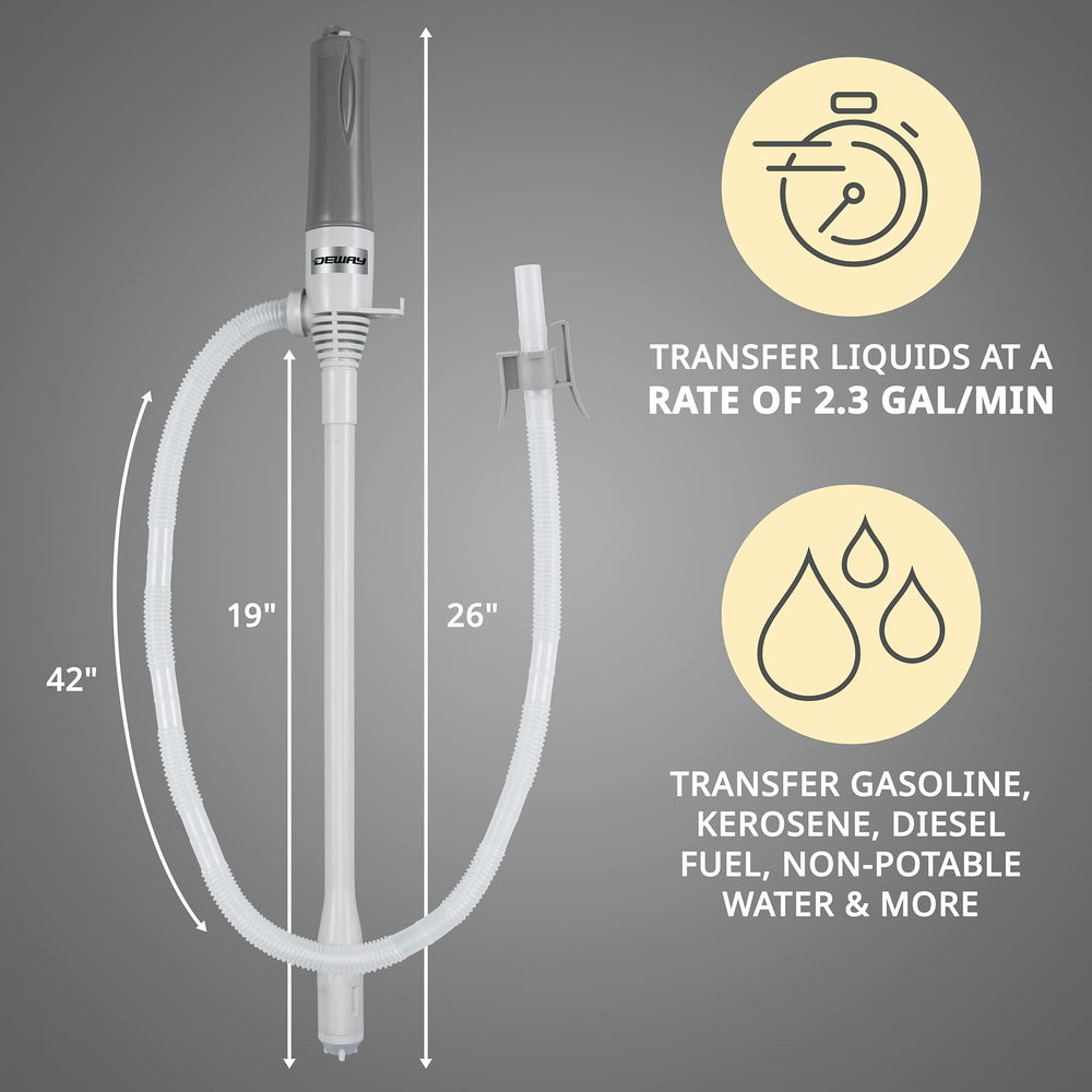 DEWAY extended transfer hose reaches inside tall cans and large tanks