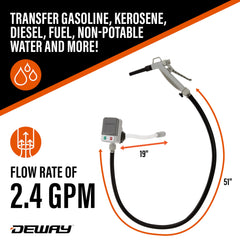 Deway fuel transfer pump 51-inch rubber hose provides reach for deep containers