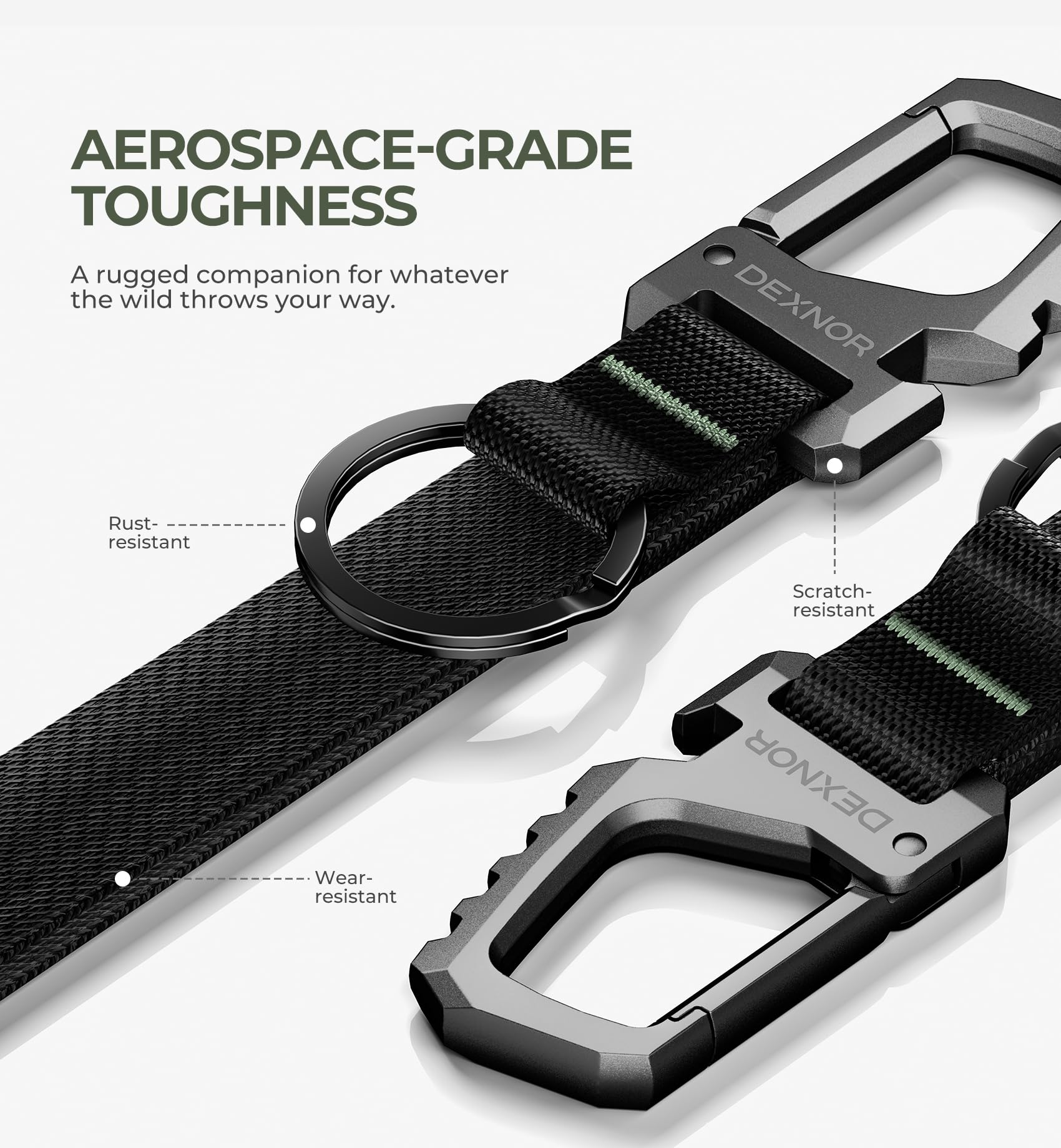 Dexnor carabiner clip attachment on backpack illustrating quick-access keys.