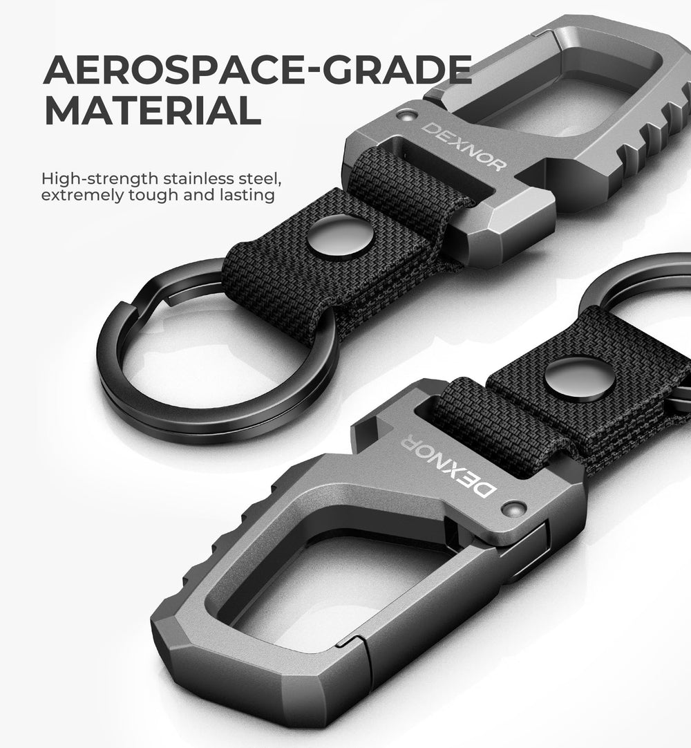 Dexnor carabiner clip on belt loop or backpack for secure, quick-access key organization.