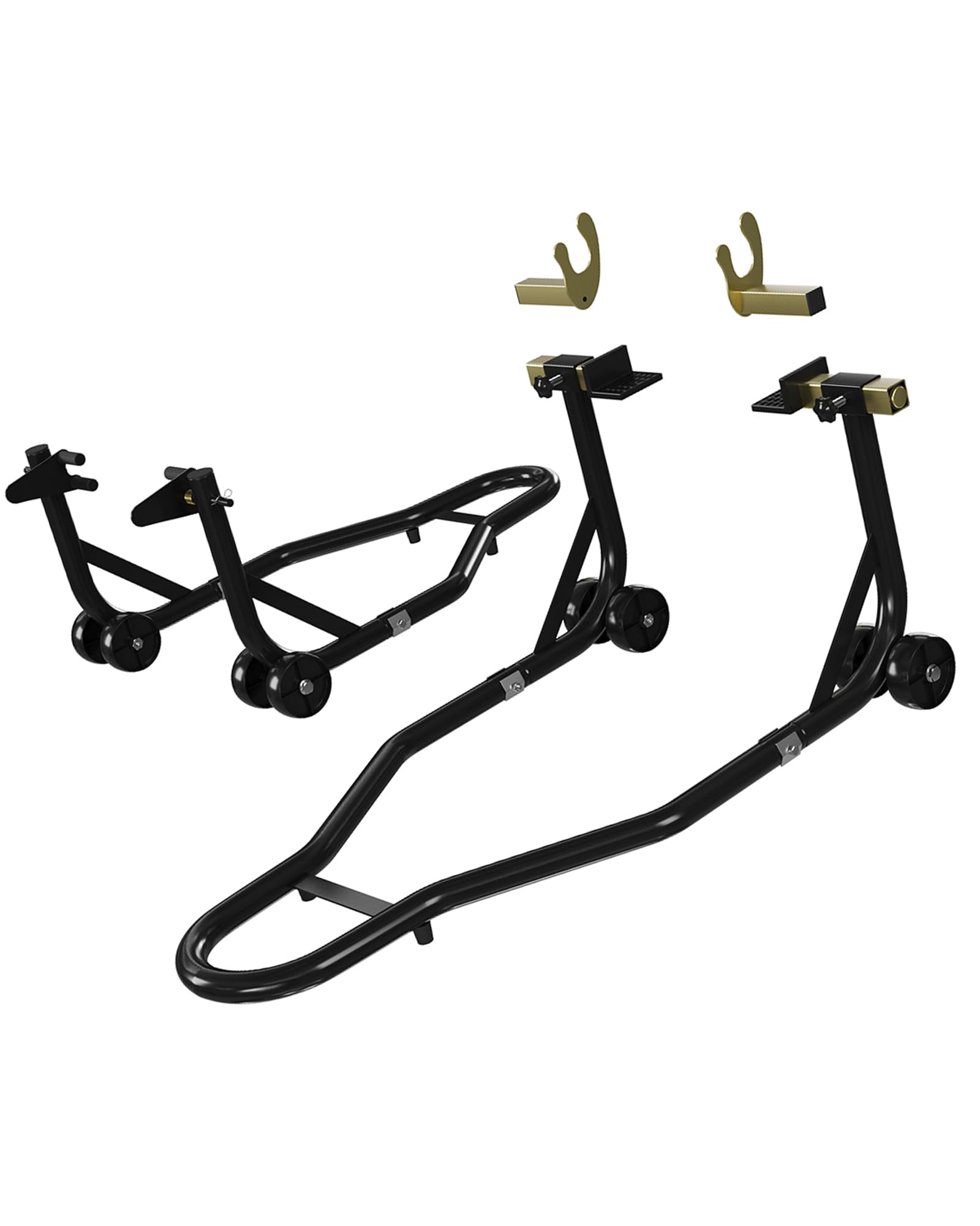 DEXSO motorcycle stand front view for stable front-wheel maintenance and quick setup.