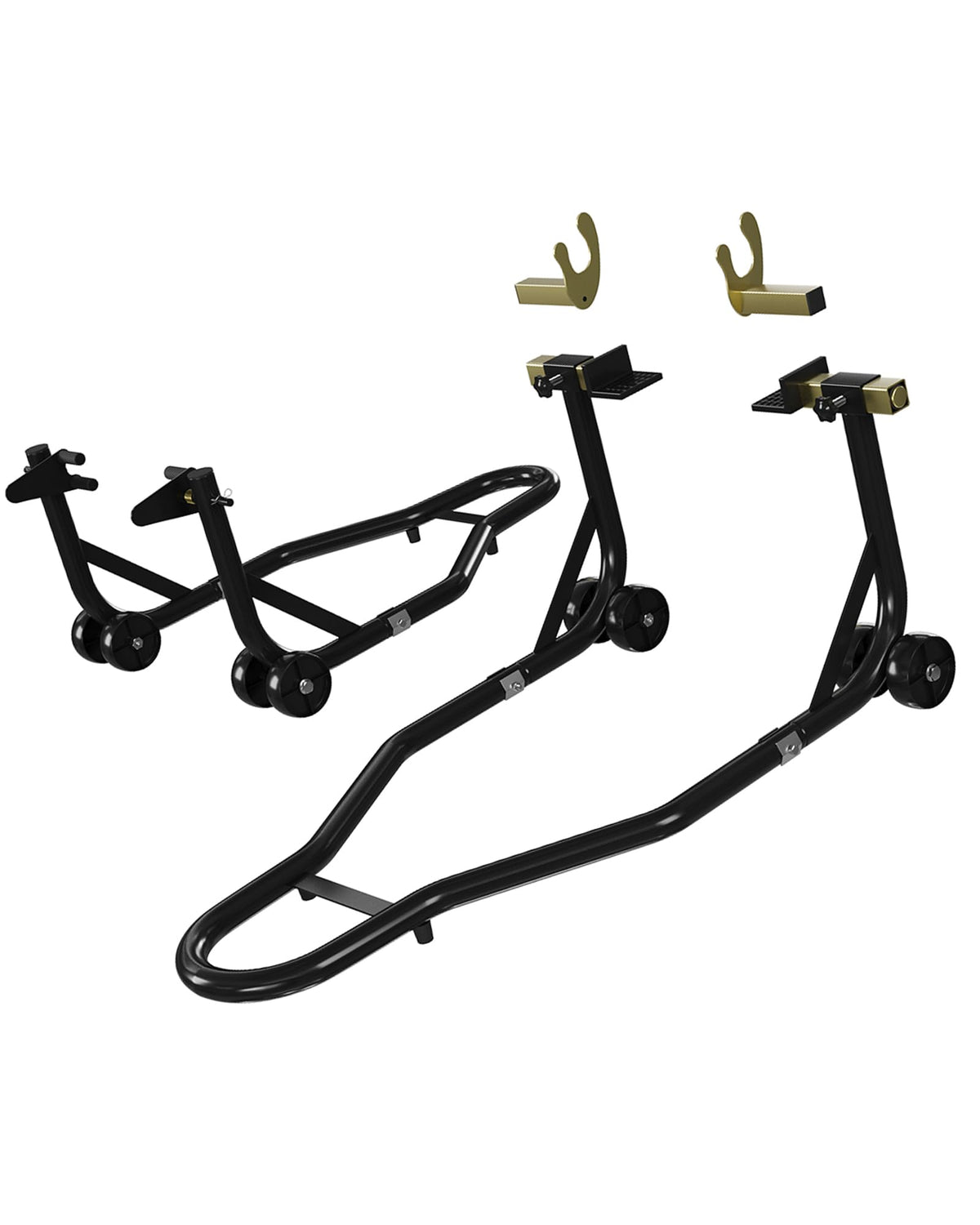 DEXSO motorcycle stand front view for stable front-wheel maintenance and quick setup.