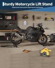 DEXSO motorcycle stand rear view enabling secure rear-wheel access for tire work.