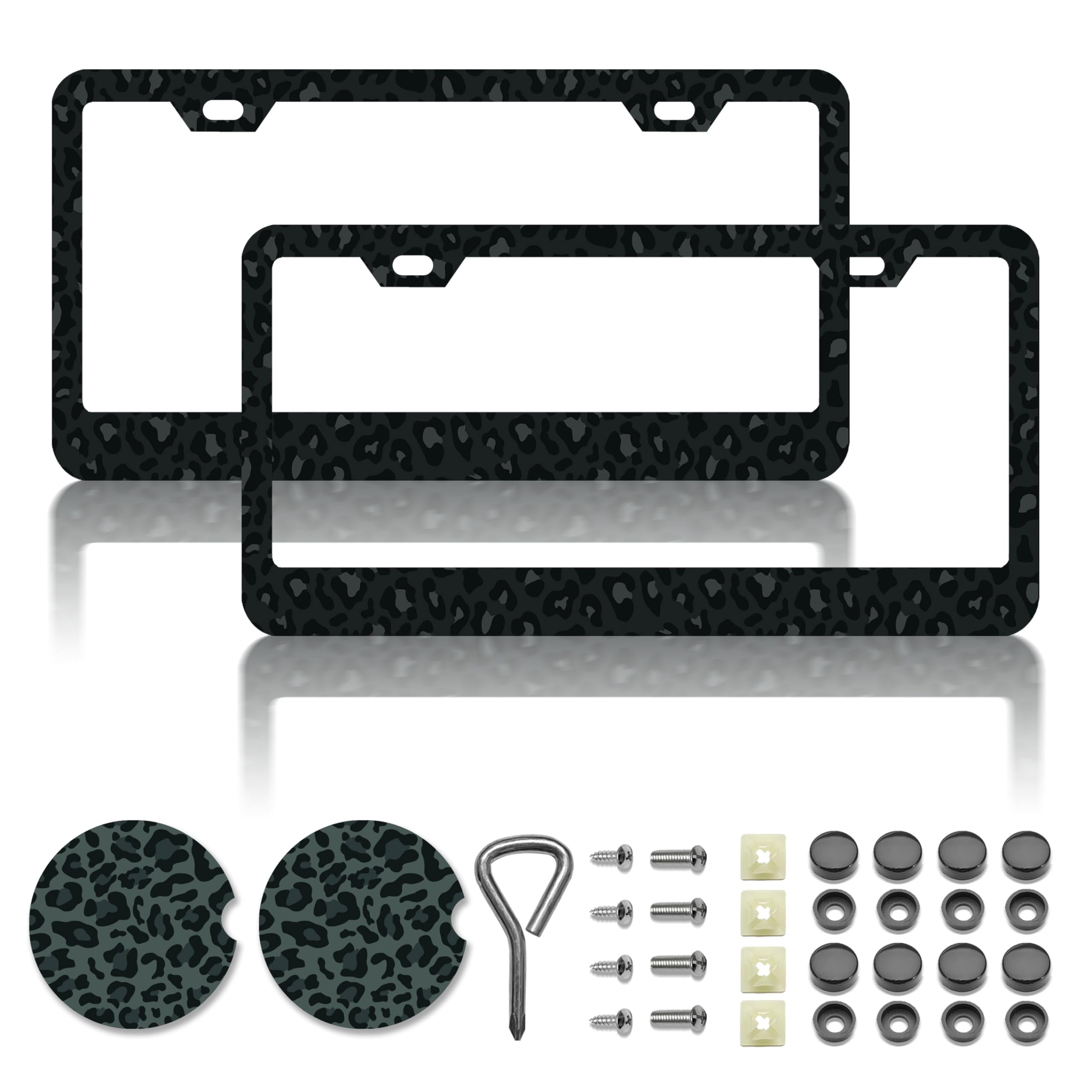DGDRHZ black leopard license frame front view with bold style and durable aluminum