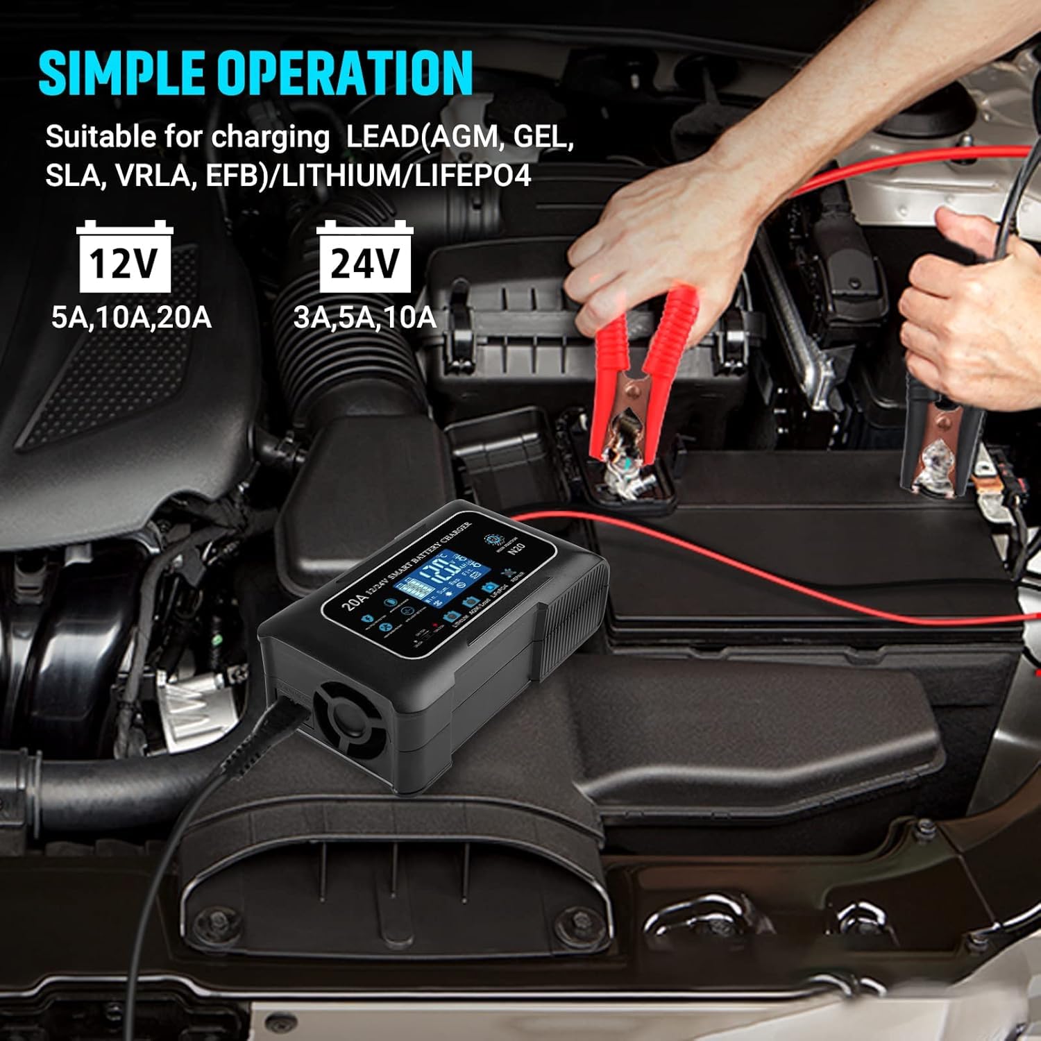 Dght Battery Charger with digital display enables clear status checks for 12V and 24V batteries.