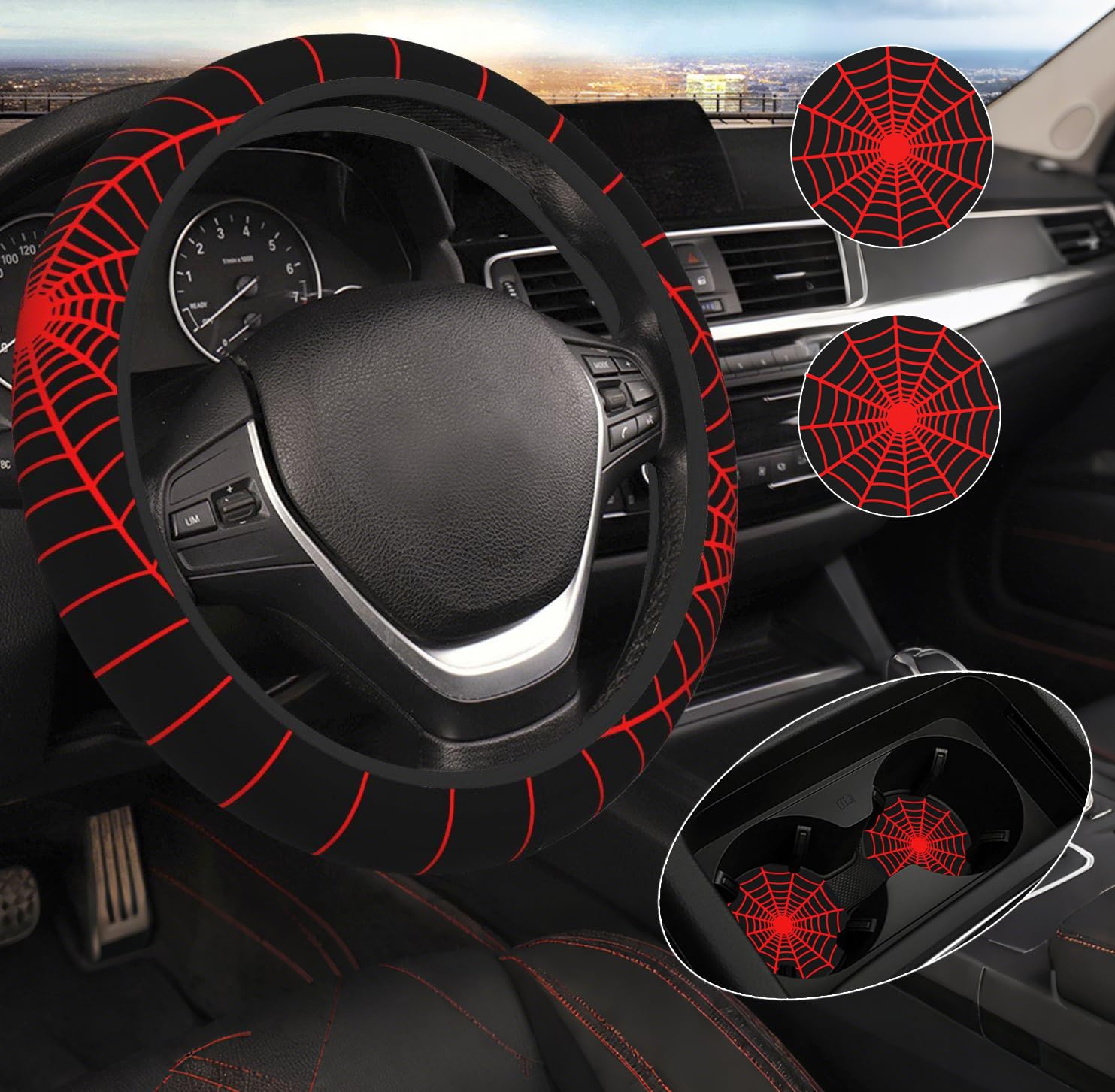 DHUENIOPE black spider web steering wheel cover adds grip and bold style.