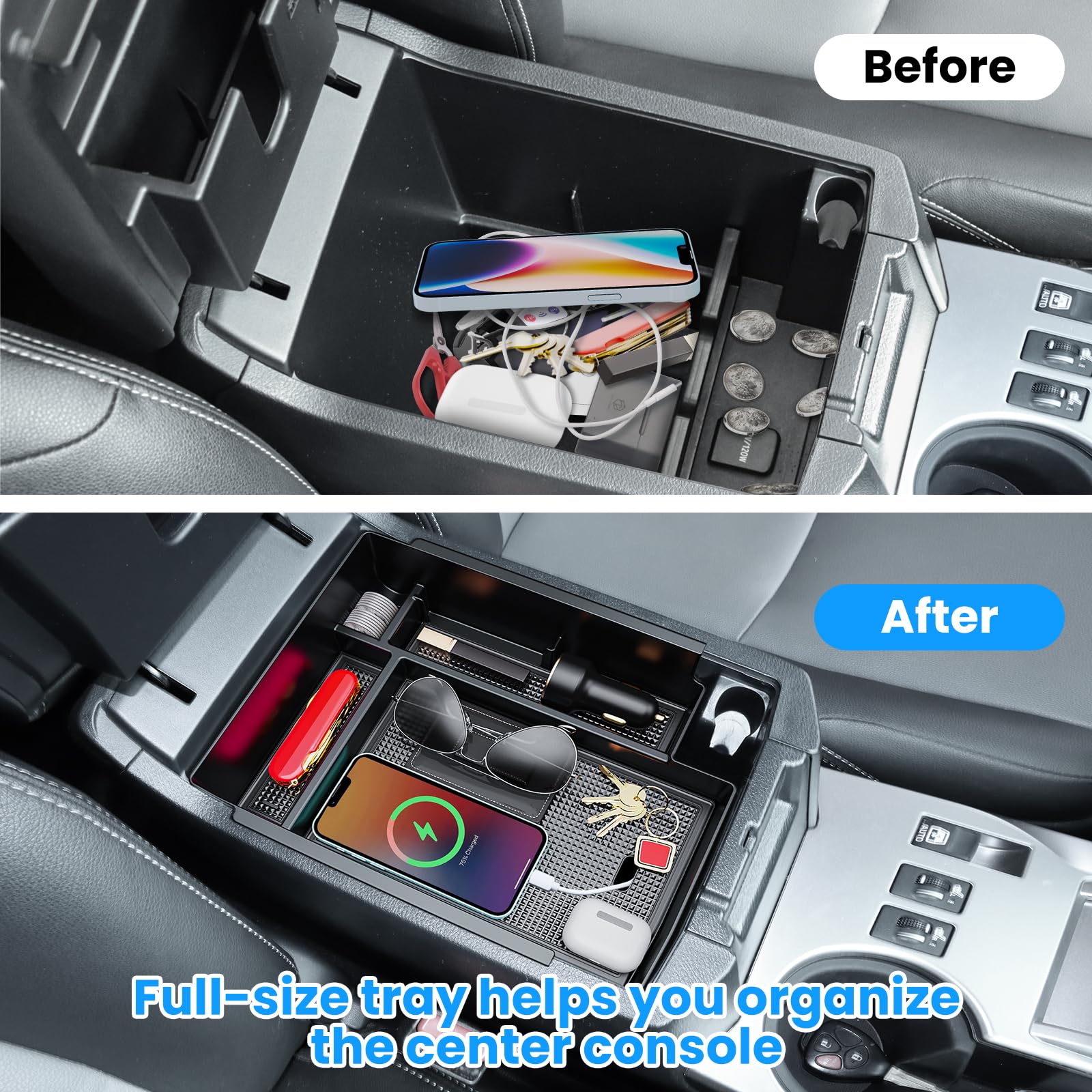 DIAMOOKY lower layer storage tray reduces clutter in the console.