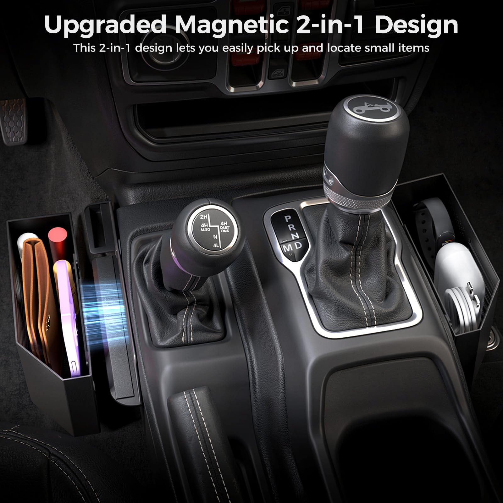 DIAMOOKY magnetic center console organizer for Gladiator secures items on rough trails