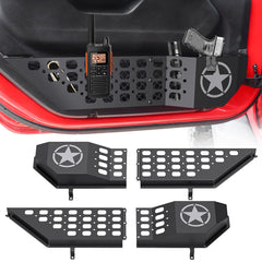 DIAMOOKY metal front door pocket panels mounted on Wrangler JL for extra storage.
