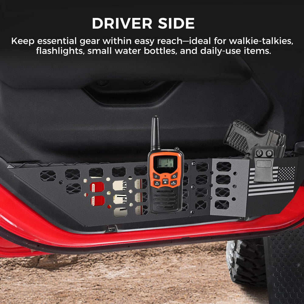 DIAMOOKY metal front door pocket panel two-pack setup for Jeep doors.