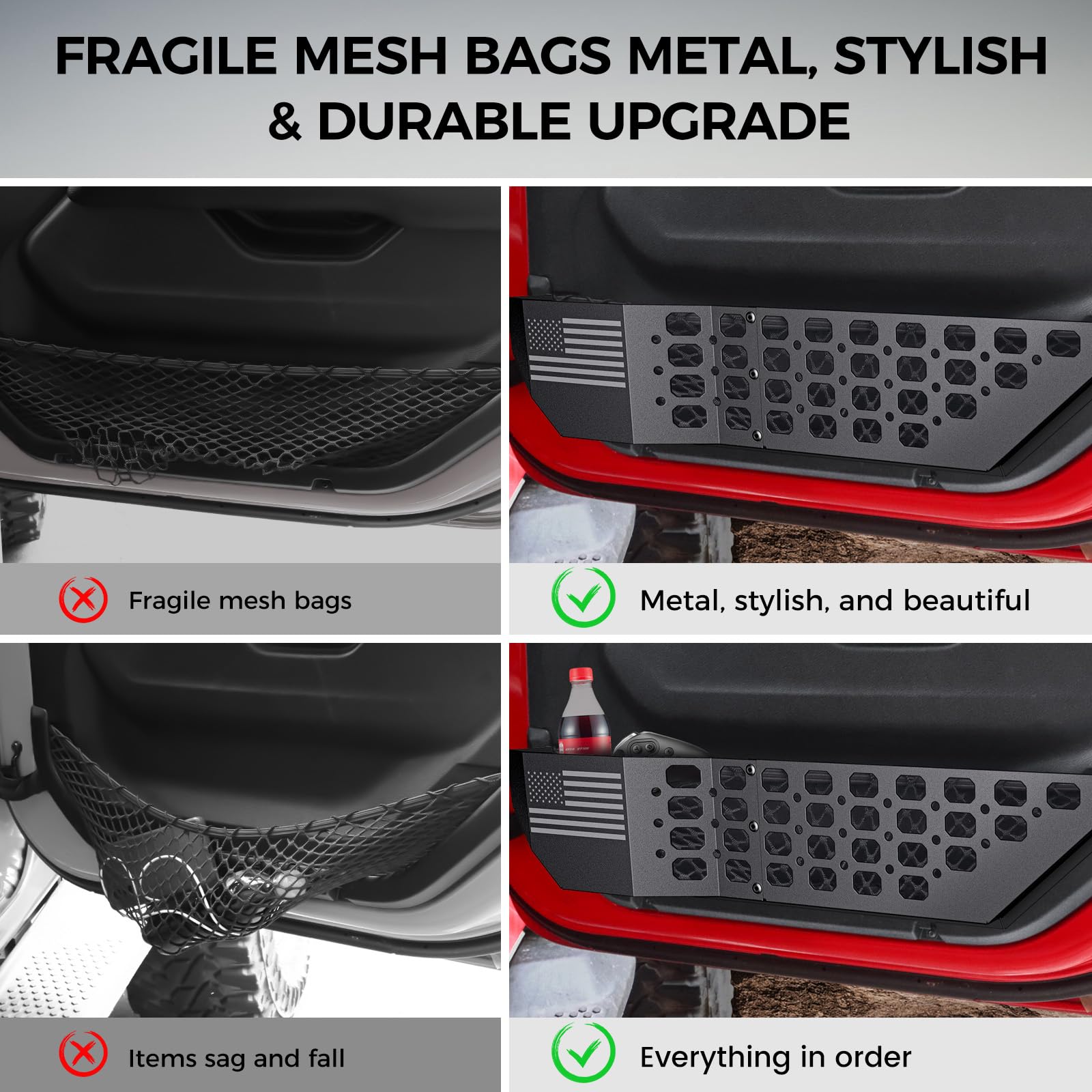 DIAMOOKY metal front door pocket panel stores water bottle and phone for easy reach.