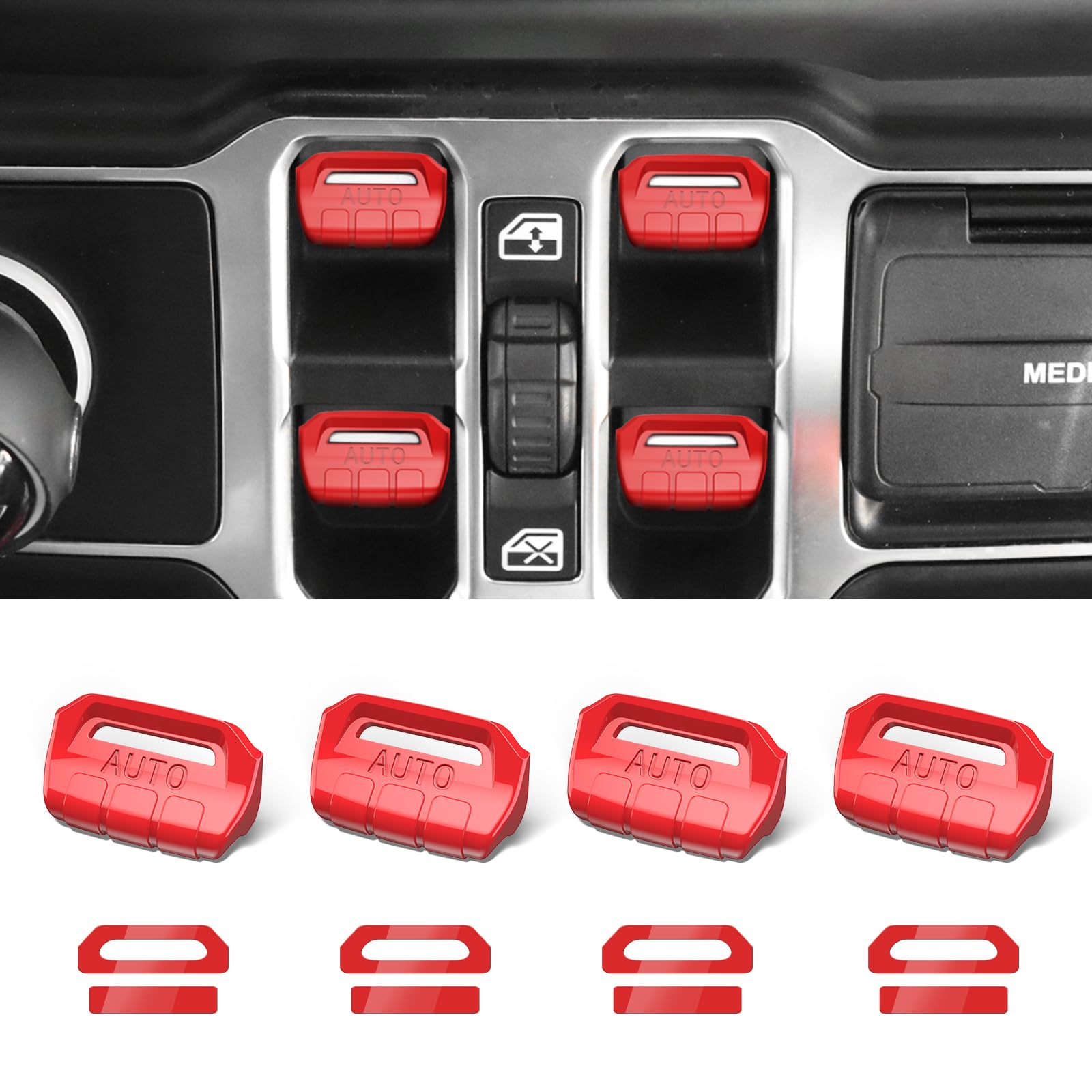DIAMOOKY window switch cover in bright red for Wrangler JL—precise fit enhances interior look.