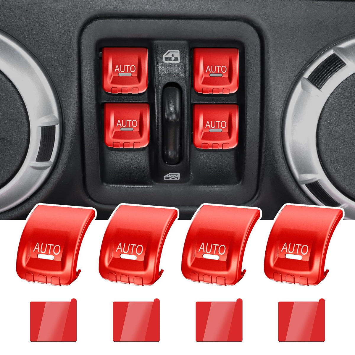 Diamooky window switch cover in red aluminum for Jeep Wrangler JK enhances interior style.