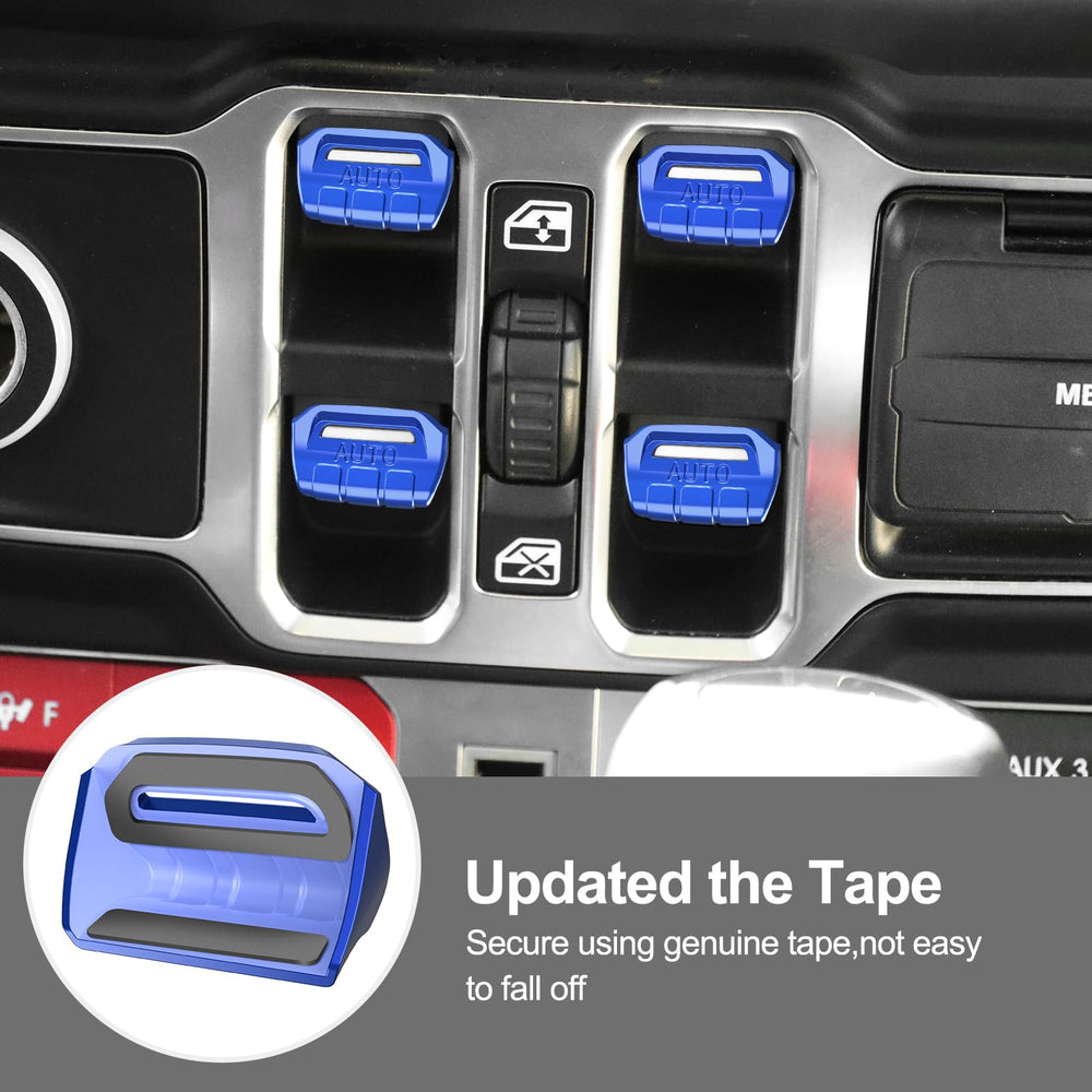 DIAMOOKY window switch cover Wrangler blue details highlight durable edge and fit.