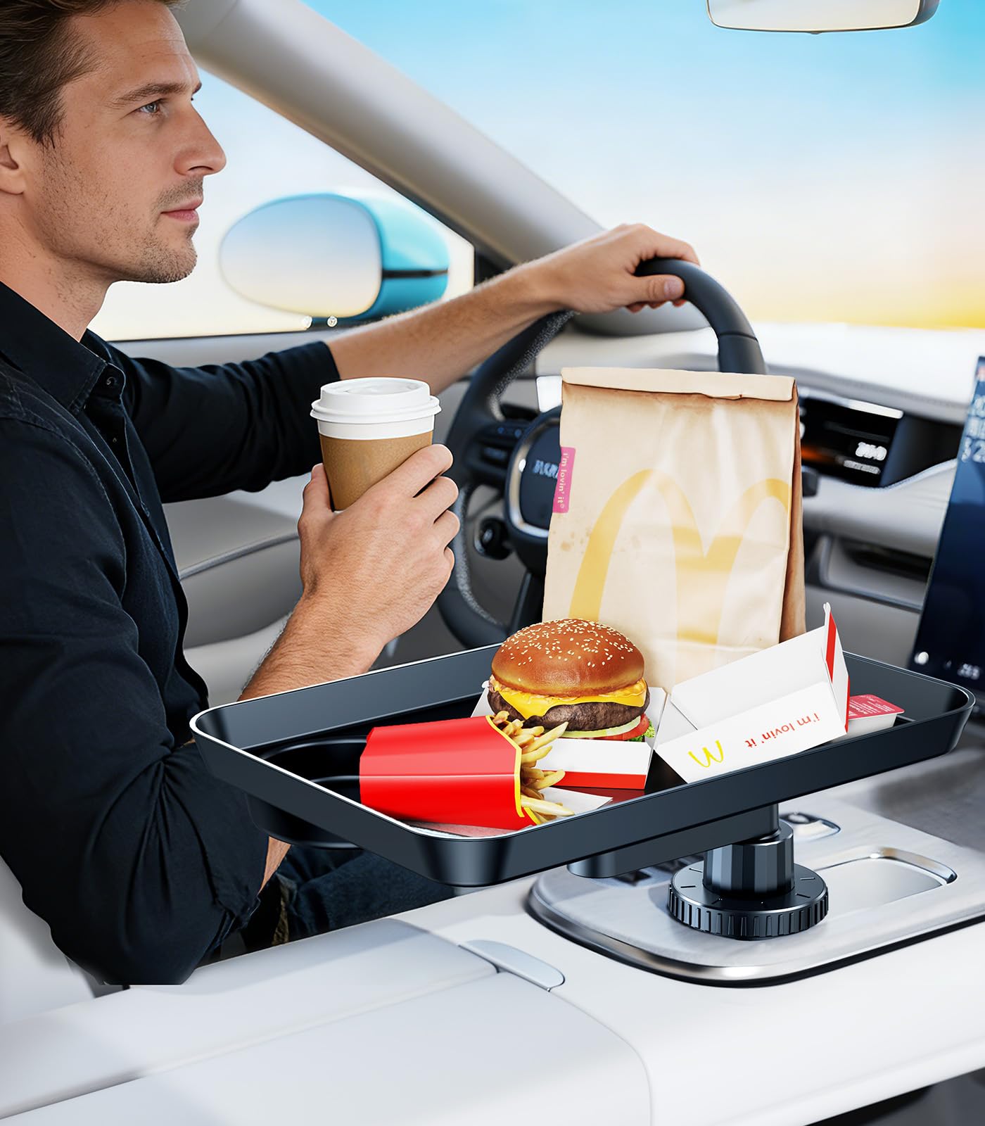 DICMKY 360-degree rotatable tray positioned for comfort during travel