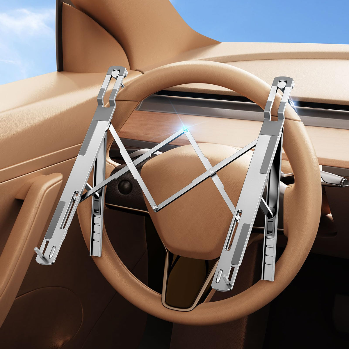 DICMKY car laptop mount on steering wheel for secure mobile work.