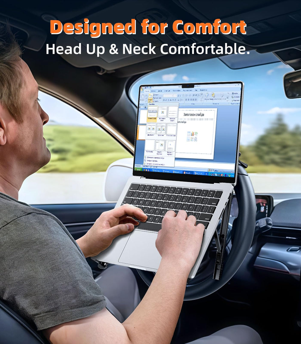 DICMKY height adjustable car desk aligns screen height for neck comfort.