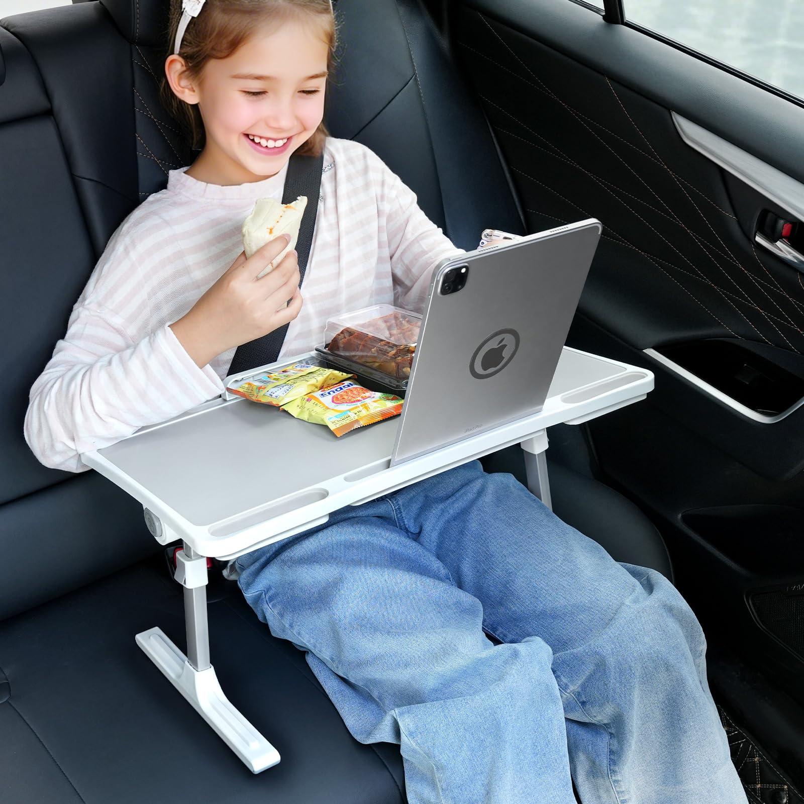 DICMKY large car seat tray table top keeps meals and devices organized on the road.