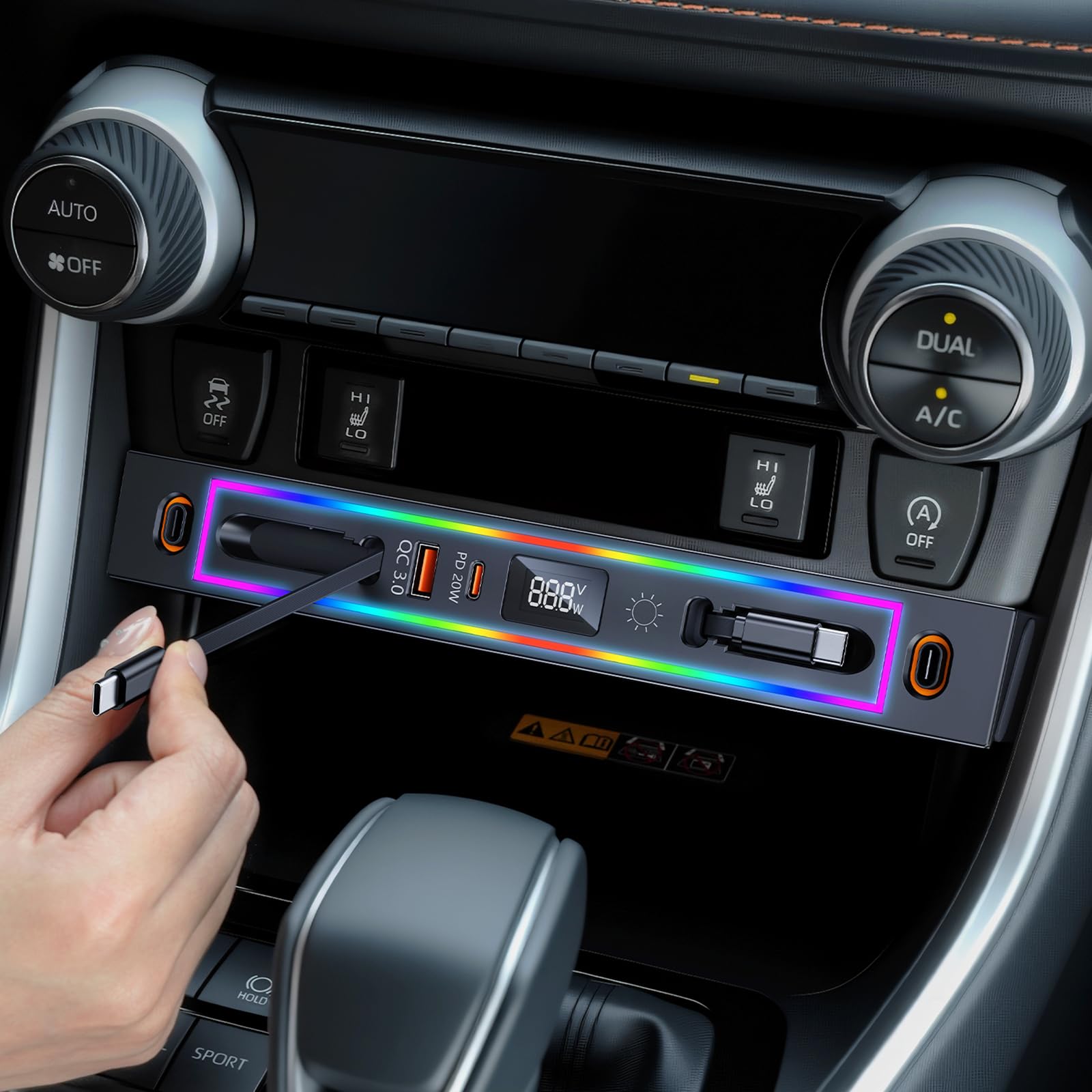 DICMKY Toyota RAV4 USB hub with 8 color RGB ring enhances cabin ambiance and charging