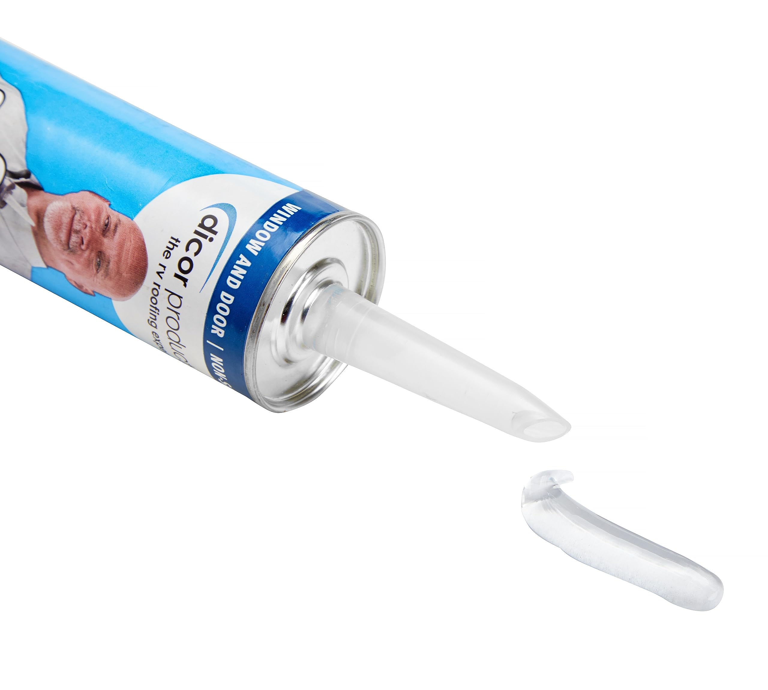 Dicor cap sealant clear applied to RV doors for tight, quick-drying seals.