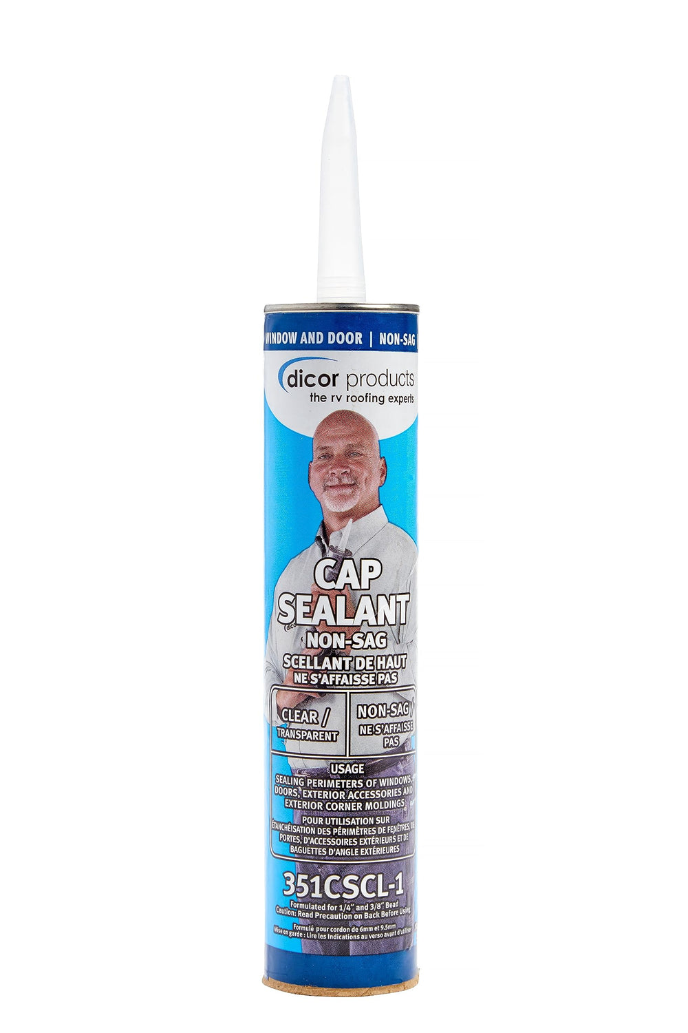 Dicor 351CSCL-1 clear cap sealant on RV windows for weather-resistant seals.