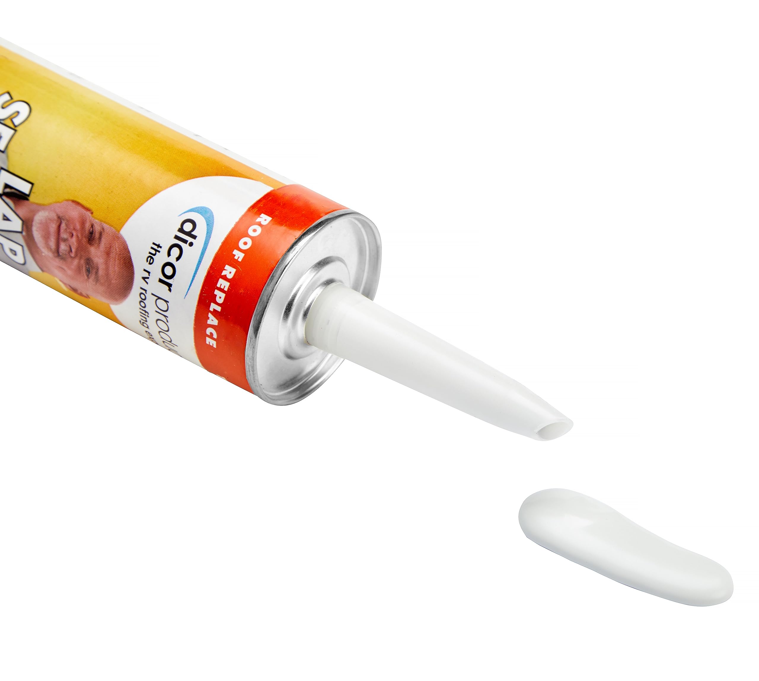 Dove white Dicor sealant tube ready for RV roof maintenance and repairs