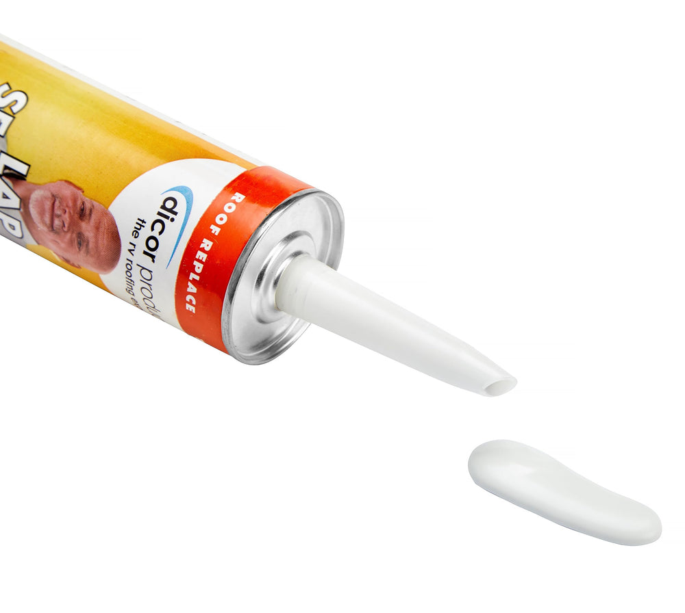 Dove white Dicor sealant tube ready for RV roof maintenance and repairs