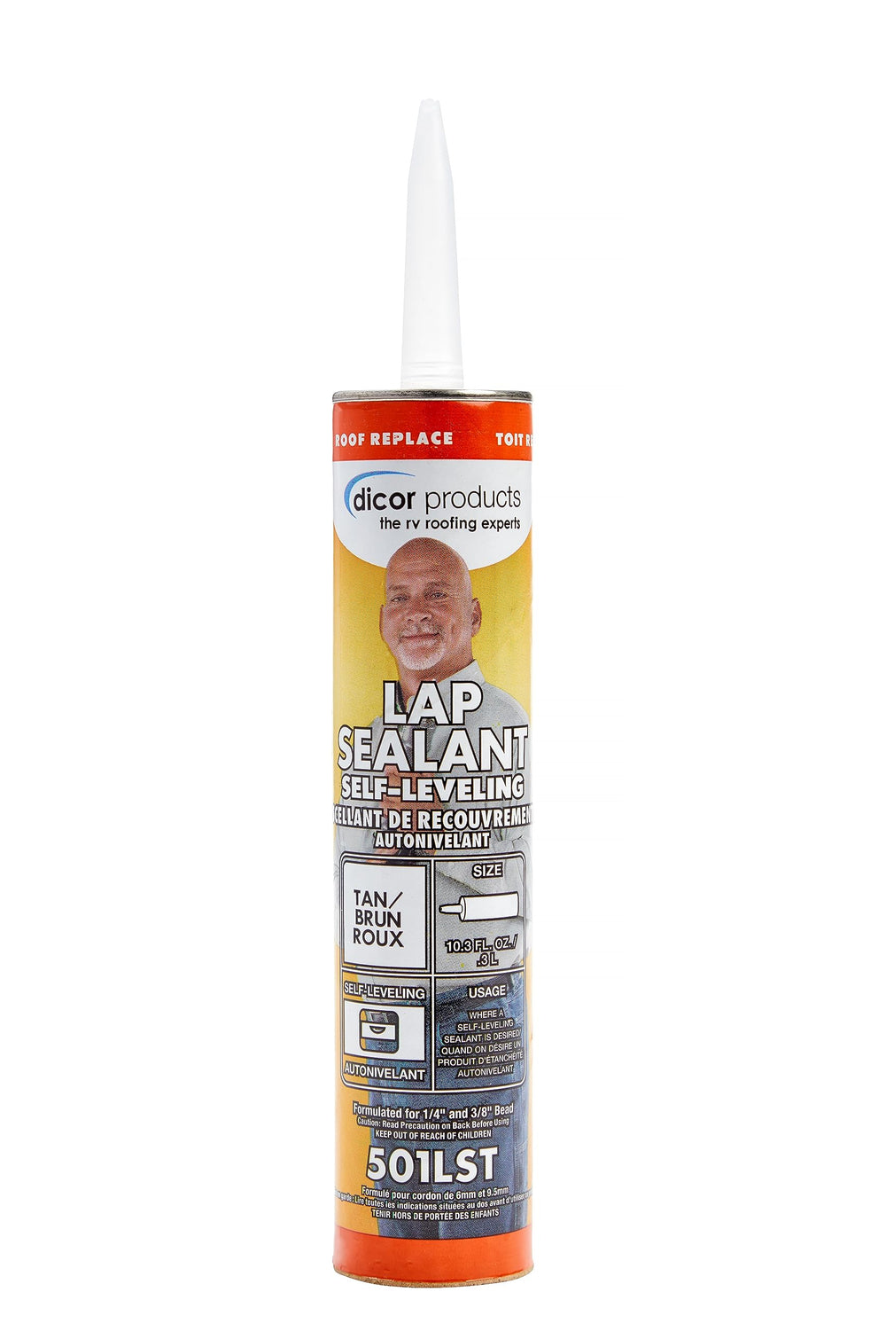 Dicor 501LST-1 self-leveling sealant tube provides a watertight RV roof seal