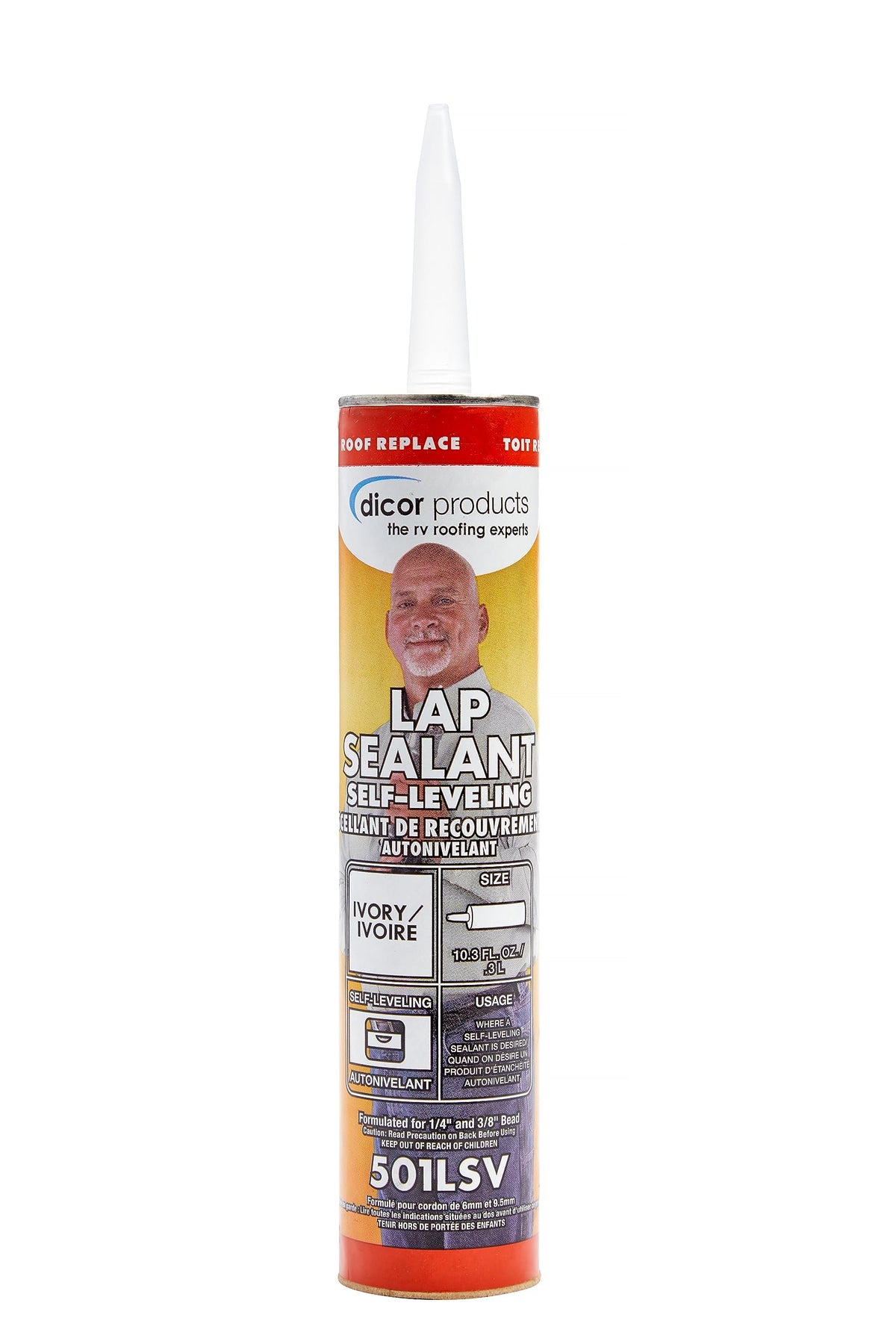 Dicor 501LSV-1 ivory self-leveling lap sealant applied to an RV roof seam for a watertight seal