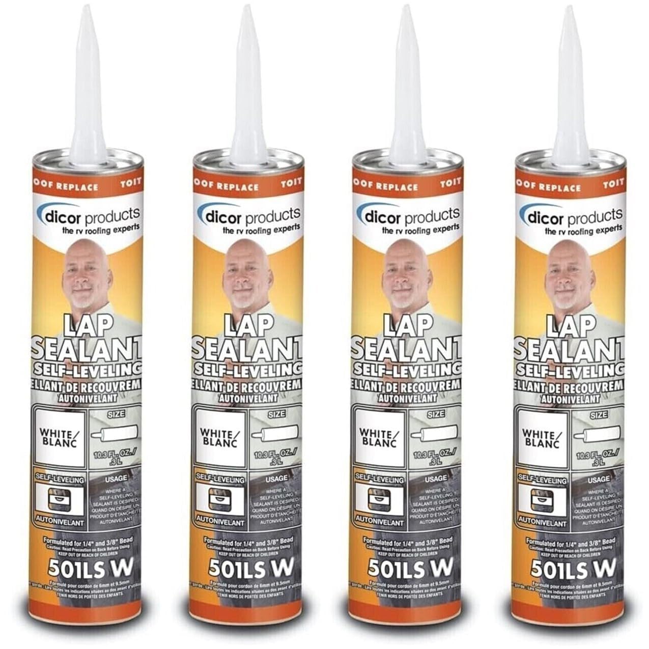 Dicor 501LSW-1 self-leveling lap sealant seals roof edges and vents for moisture protection.