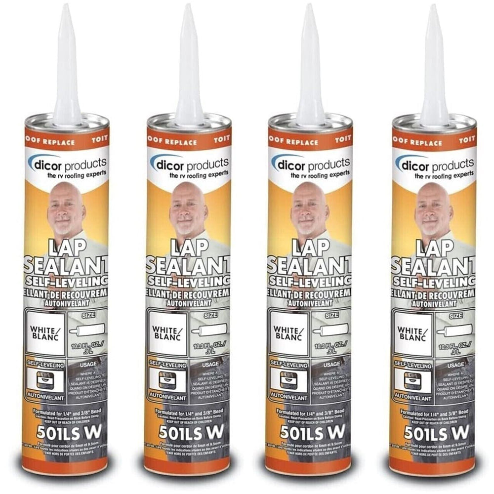 Dicor 501LSW-1 self-leveling lap sealant seals roof edges and vents for moisture protection.