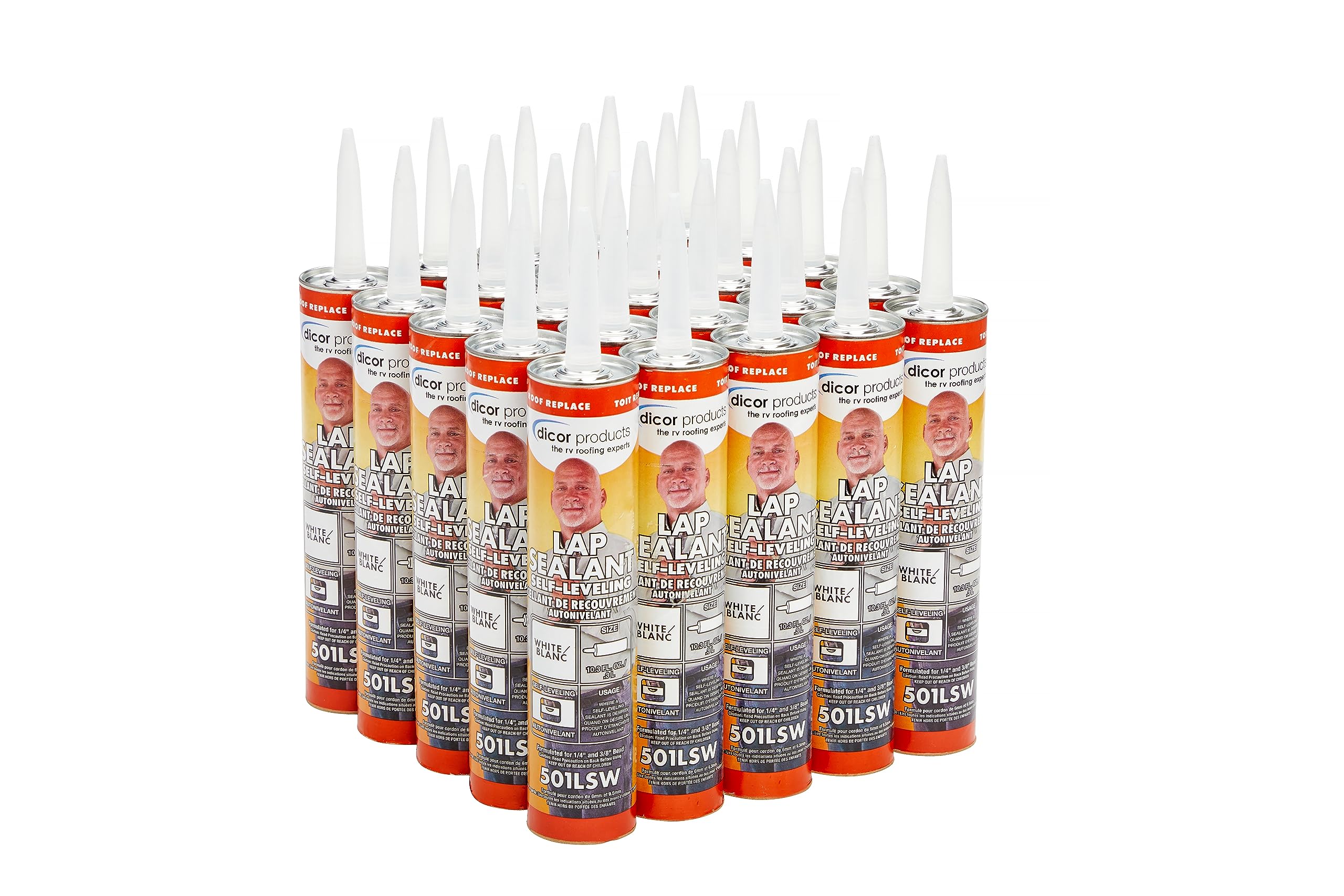 Dicor 501LSW-25 white sealant tube close-up for RV roof sealing
