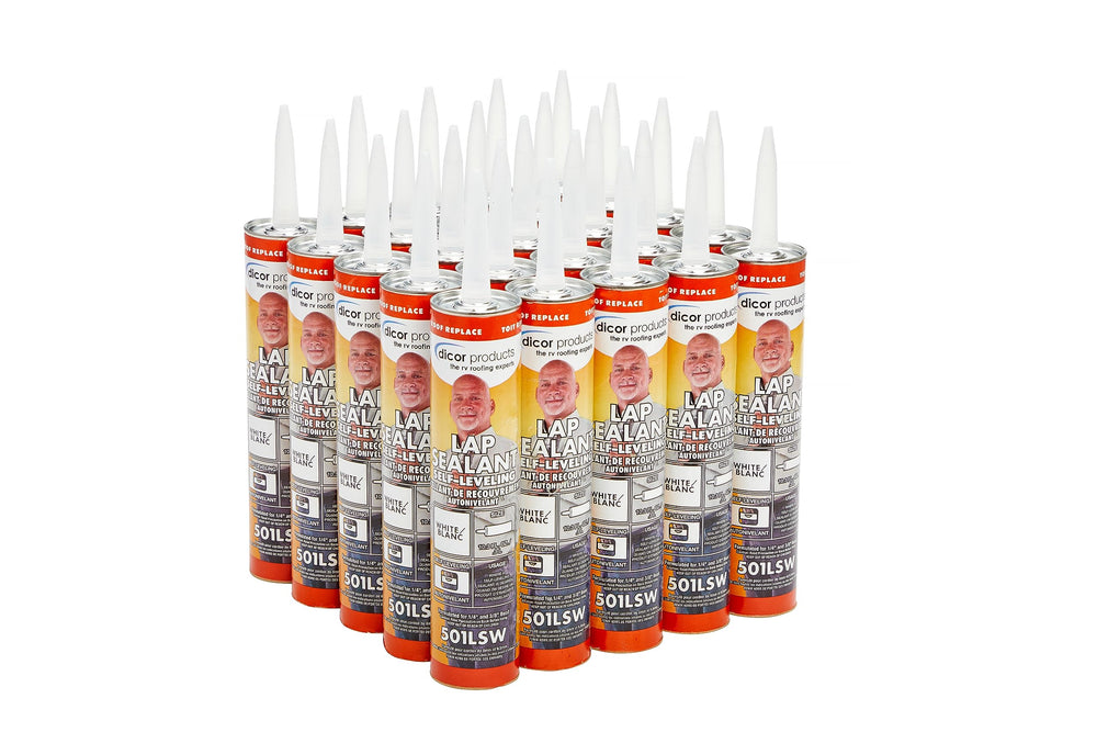 Dicor 501LSW-25 white sealant tube close-up for RV roof sealing