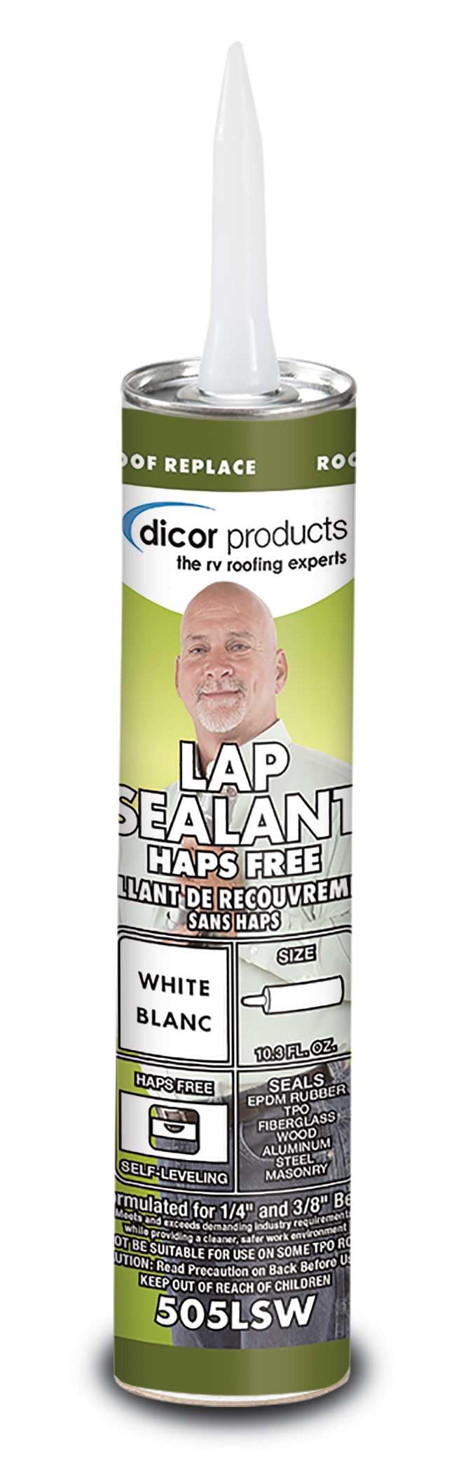 Dicor 505LSW EPDM lap sealant tube in white for roof sealing.