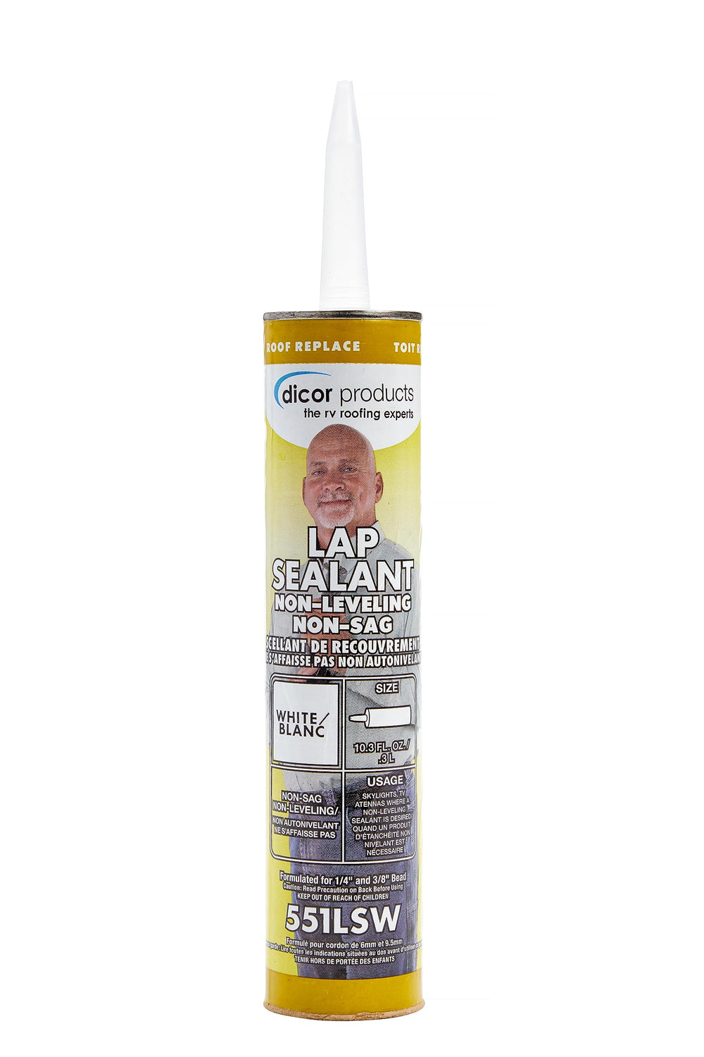 Dicor 551LSW bottle-pour showing easy application for watertight lap seal on RV roofs.