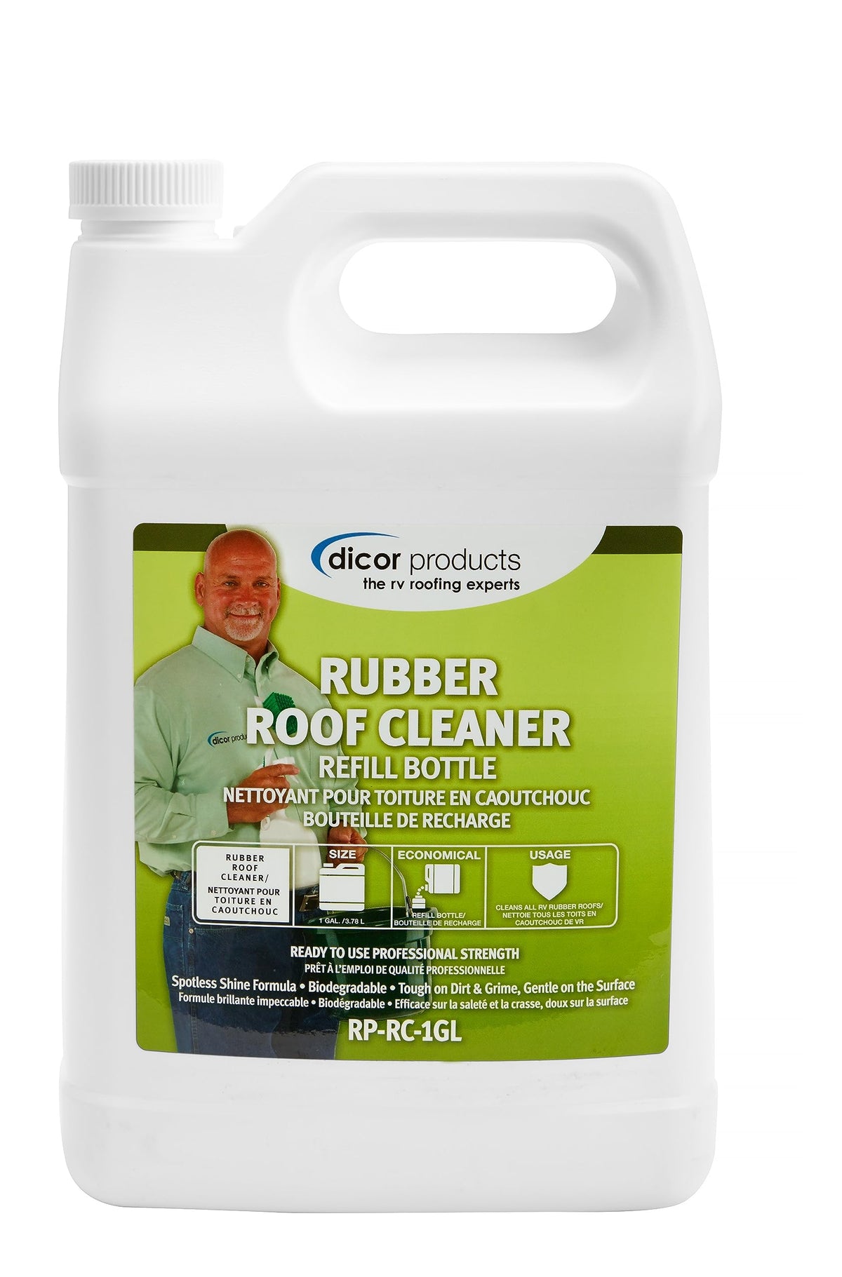 Dicor RP-RC-1GL spray bottle cleans RV roof and lifts grime.