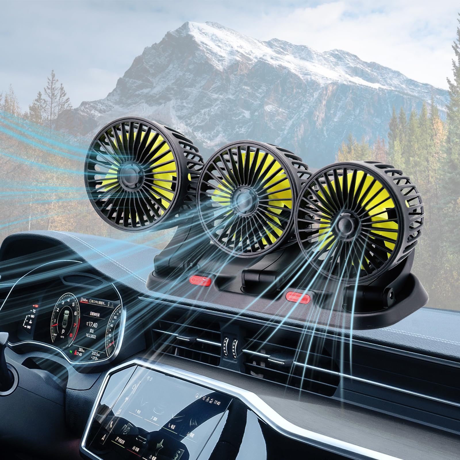 Dicross triple-head car fan provides multi-angle cooling for all passengers.