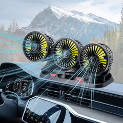 Dicross triple-head car fan provides multi-angle cooling for all passengers.