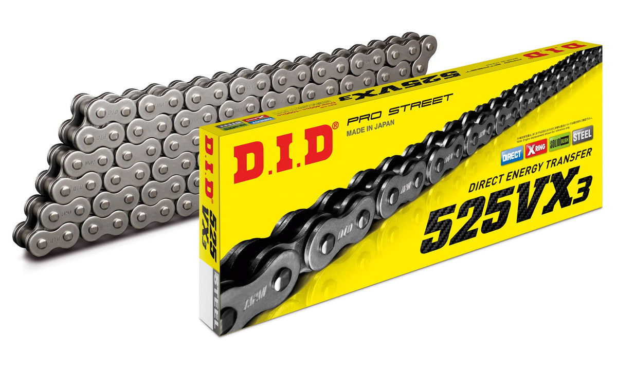 DID 525VX3X120ZB chain assembly for rugged street and off-road riding.