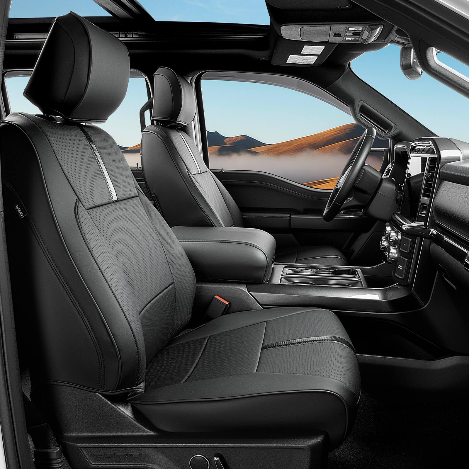DiffCar F-150 front seat cover shows edge-to-edge protection for SuperCrew interiors.