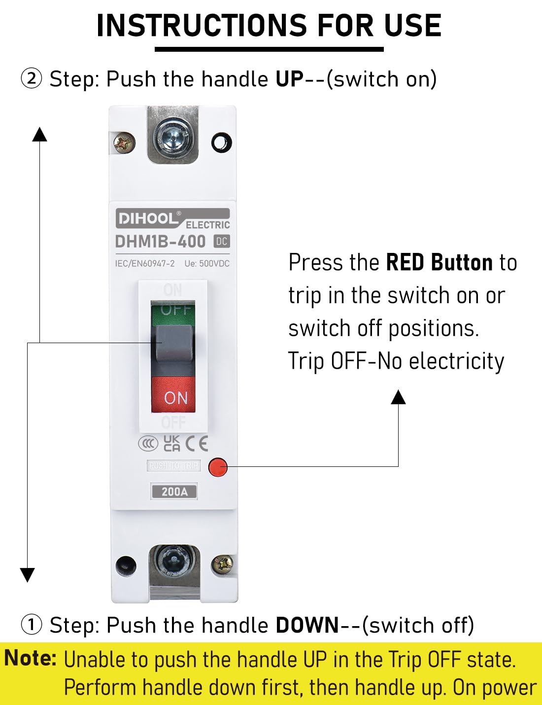 DIHOOL DC breaker dimensions image notes size 43mm x 165mm x 86mm