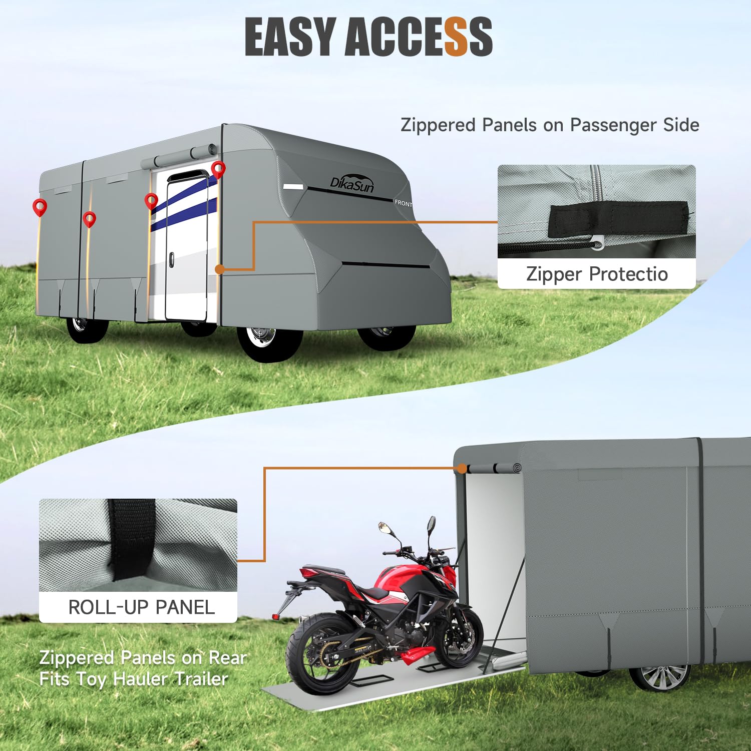 DikaSun Class C cover rollable zipper doors enable quick interior inspections