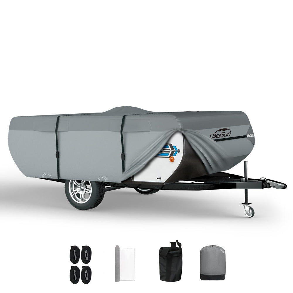 DikaSun 14-16ft top-view camper cover protecting a pop-up trailer