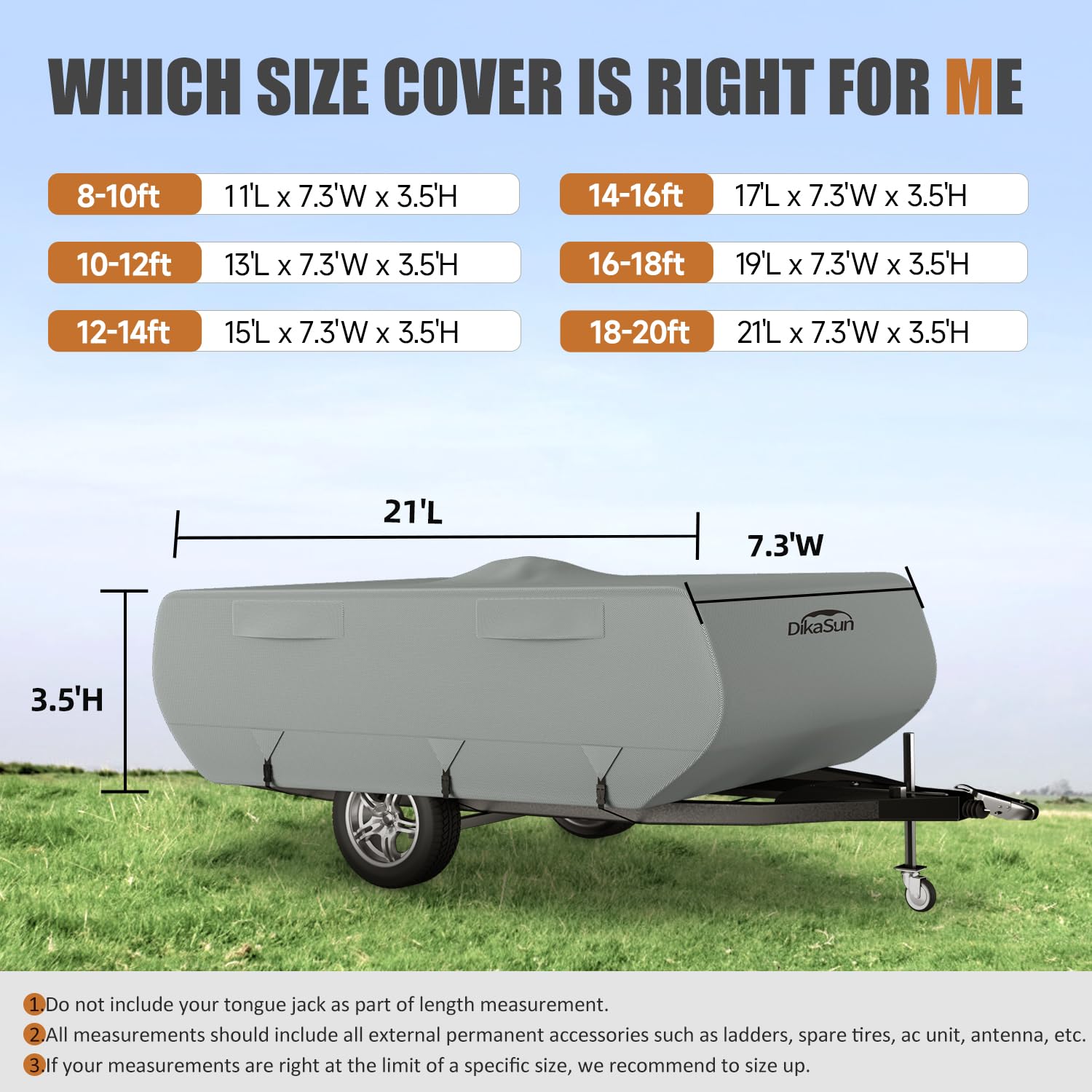 DikaSun size diagram confirms 12-14 ft fit for pop-up campers