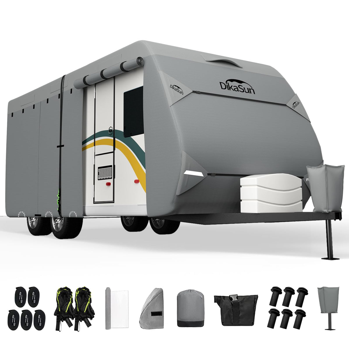 DikaSun RV cover top panel shows 7-ply construction for robust protection.