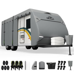 DikaSun travel trailer cover 33-35ft top view protects against sun and debris.