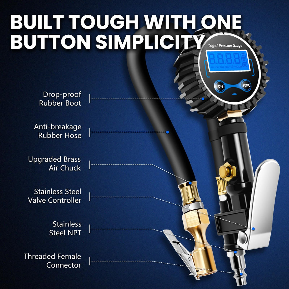 Adapters for trucks, RVs, air beds, and balls included with DIKTALK gauge.