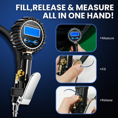DIKTALK gauge with inflator and deflator for quick tire pressure adjustments.